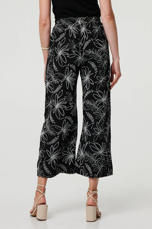 Black | Floral High Waist Wide Leg Trousers

