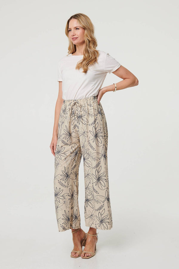 Navy | Floral High Waist Wide Leg Trousers
