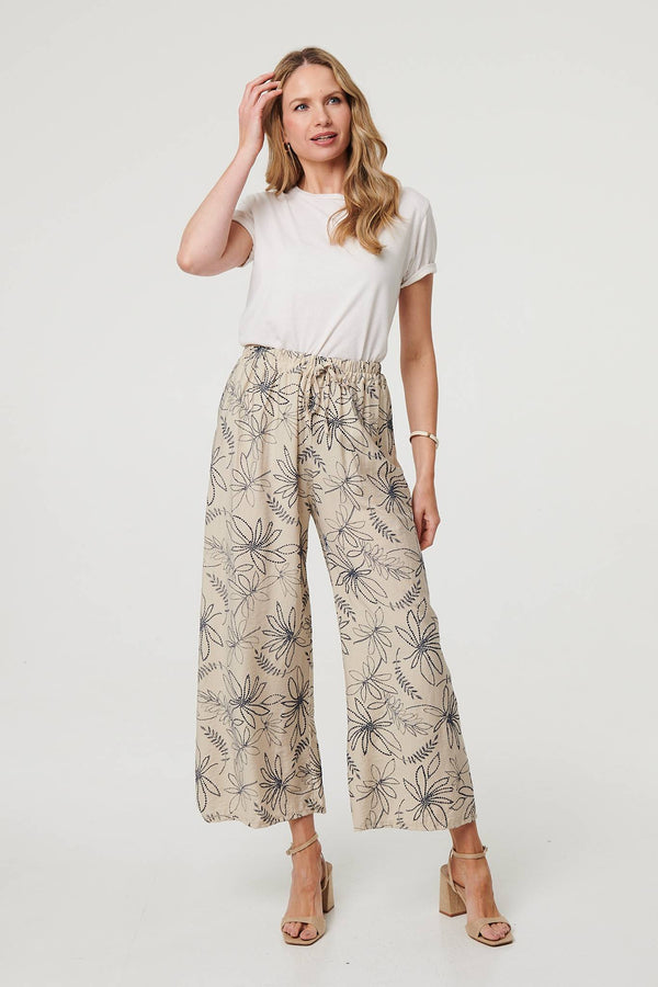Navy | Floral High Waist Wide Leg Trousers
