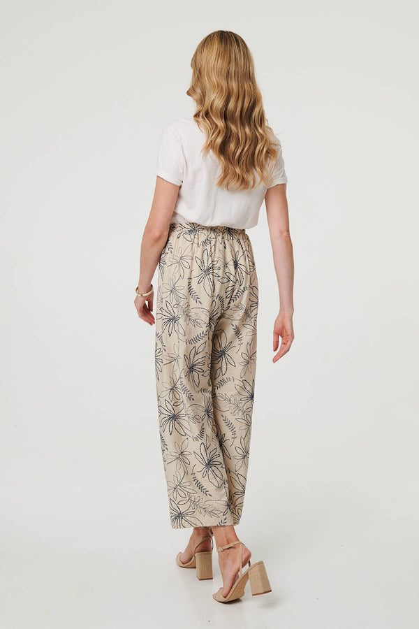 Navy | Floral High Waist Wide Leg Trousers
