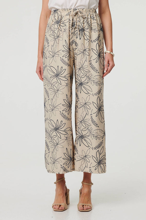 Navy | Floral High Waist Wide Leg Trousers
