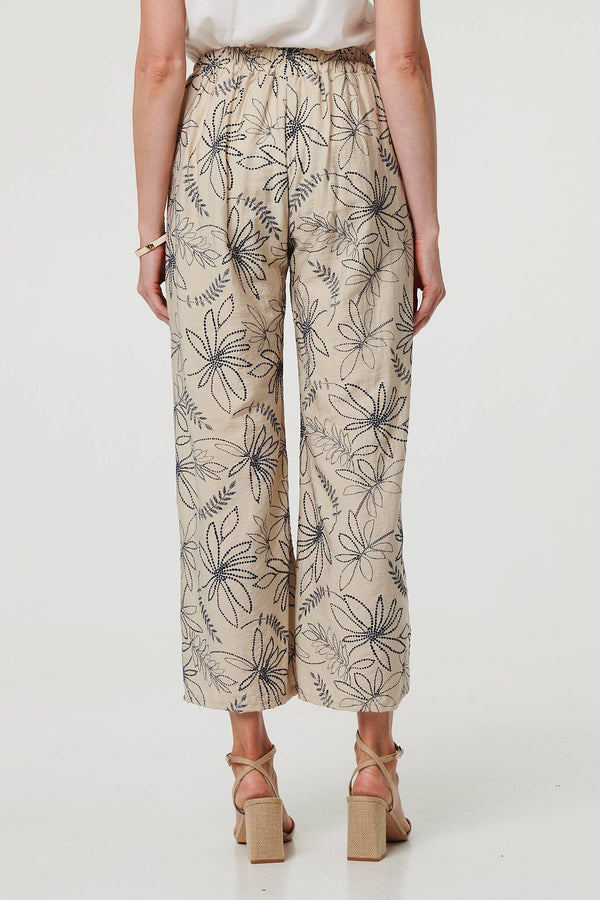 Navy | Floral High Waist Wide Leg Trousers
