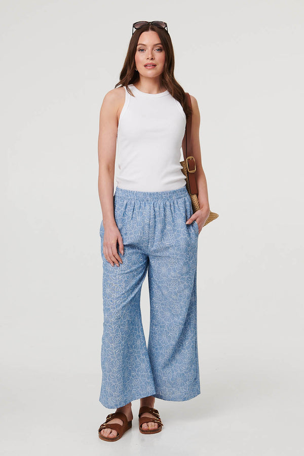 Blue | Floral Shirred High Waist Wide Trousers