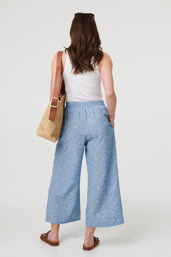Blue | Floral Shirred High Waist Wide Trousers