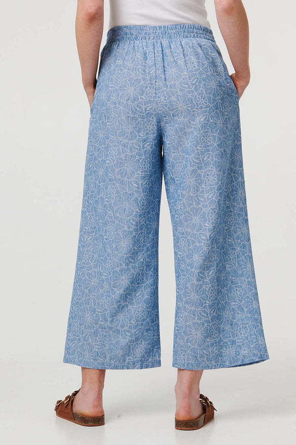 Blue | Floral Shirred High Waist Wide Trousers
