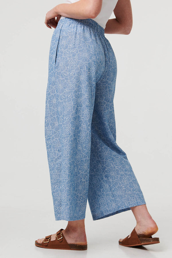 Blue | Floral Shirred High Waist Wide Trousers