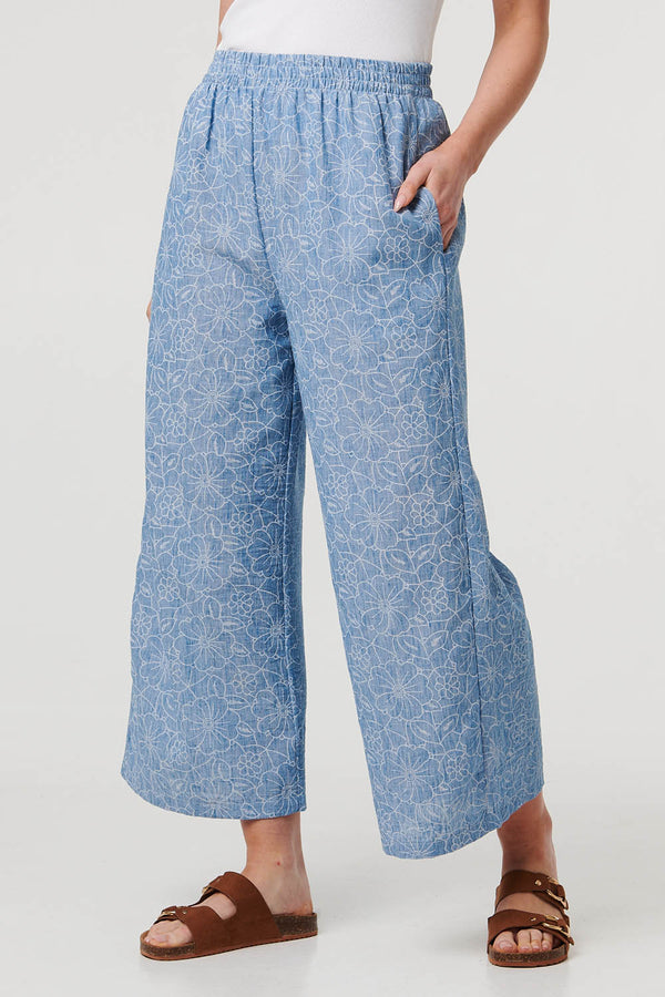 Blue | Floral Shirred High Waist Wide Trousers