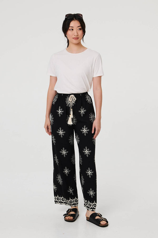 Black | Border Print Wide Leg Relaxed Trousers