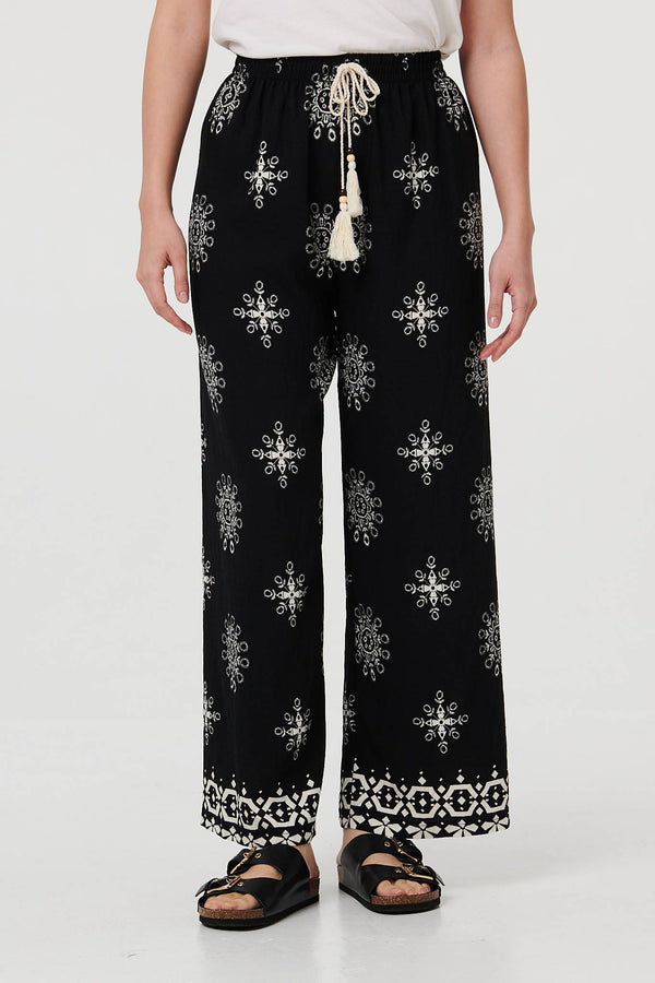 Black | Border Print Wide Leg Relaxed Trousers