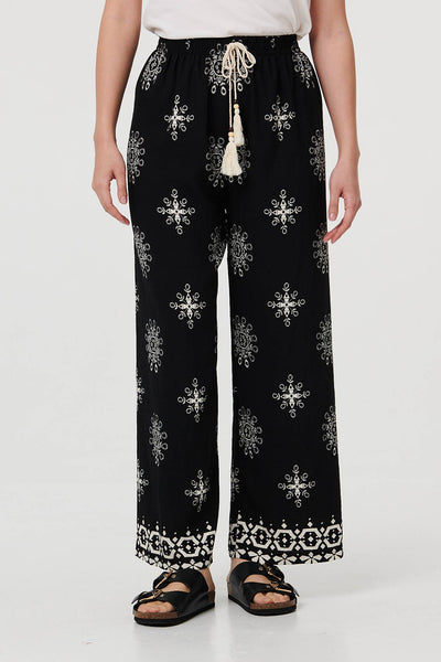 Black | Border Print Wide Leg Relaxed Trousers