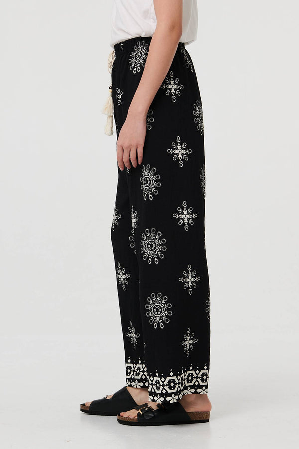 Black | Border Print Wide Leg Relaxed Trousers