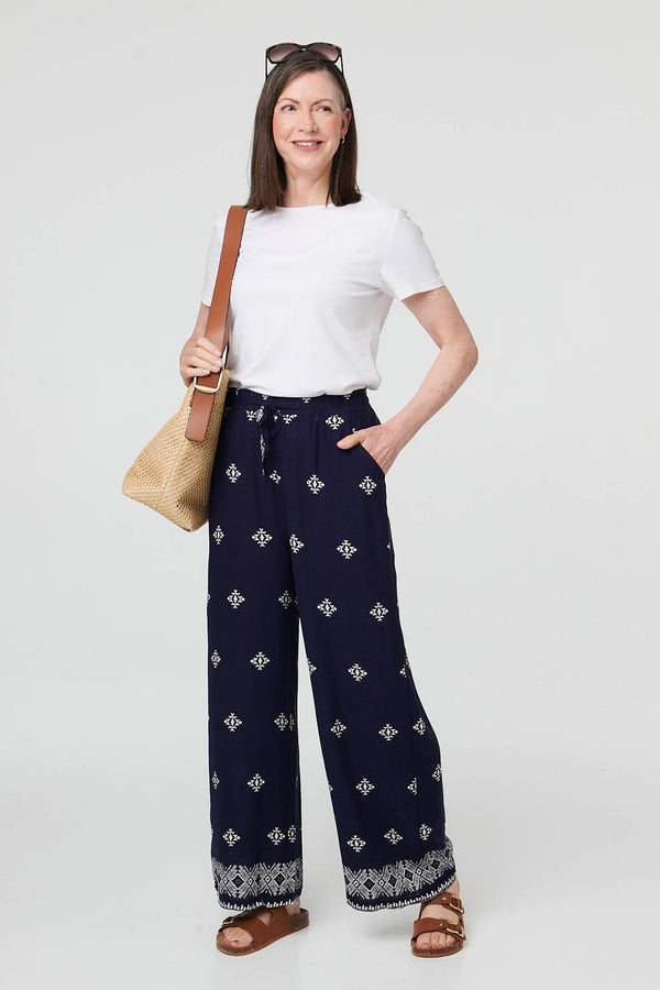 Navy | Printed High Waist Drawstring Trousers