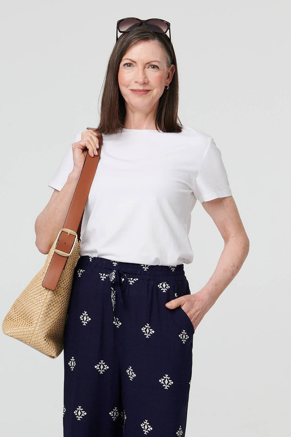 Navy | Printed High Waist Drawstring Trousers