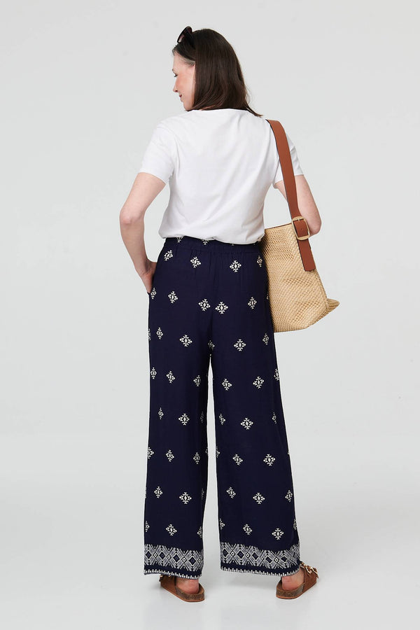 Navy | Printed High Waist Drawstring Trousers