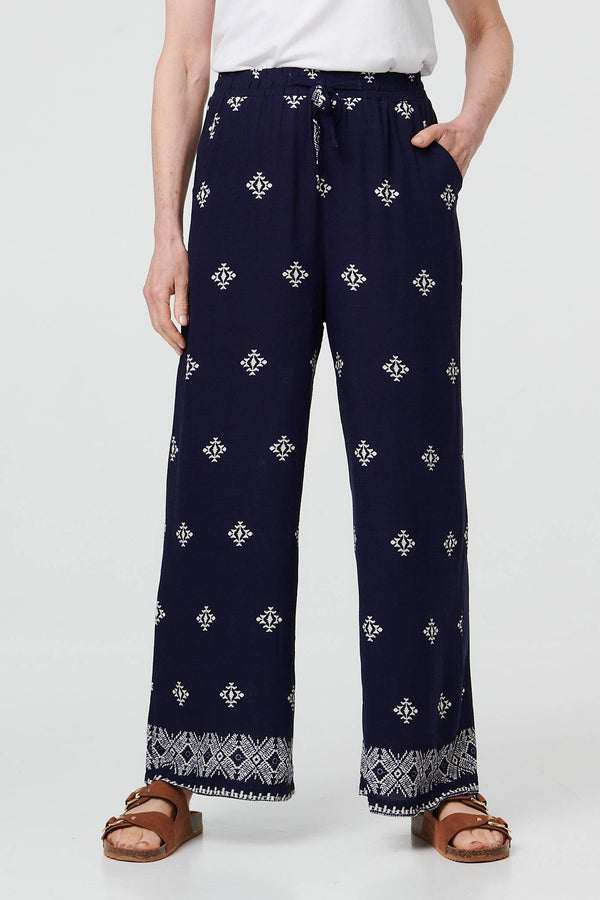 Navy | Printed High Waist Drawstring Trousers