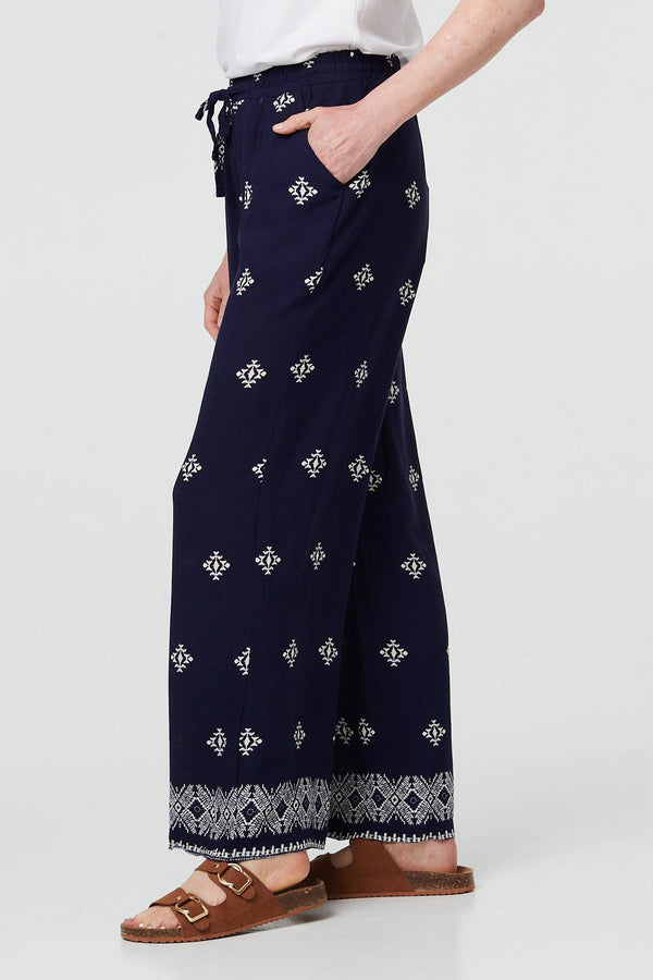 Navy | Printed High Waist Drawstring Trousers