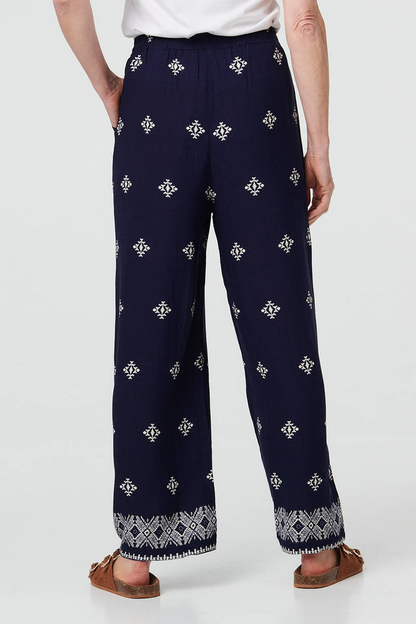 Navy | Printed High Waist Drawstring Trousers