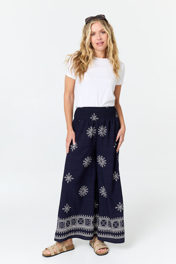 Navy | Border Print Shirred Waist Wide Trousers