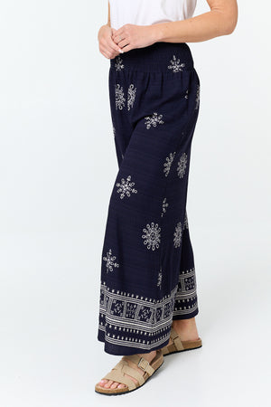 Navy | Border Print Shirred Waist Wide Trousers