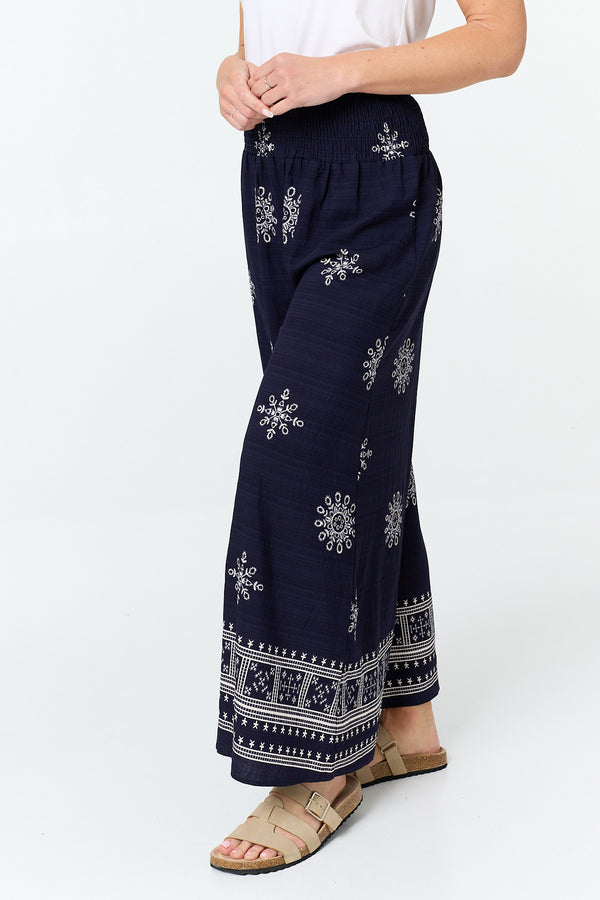 Navy | Border Print Shirred Waist Wide Trousers