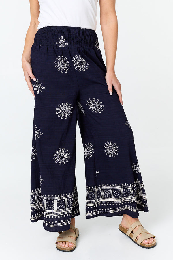 Navy | Border Print Shirred Waist Wide Trousers