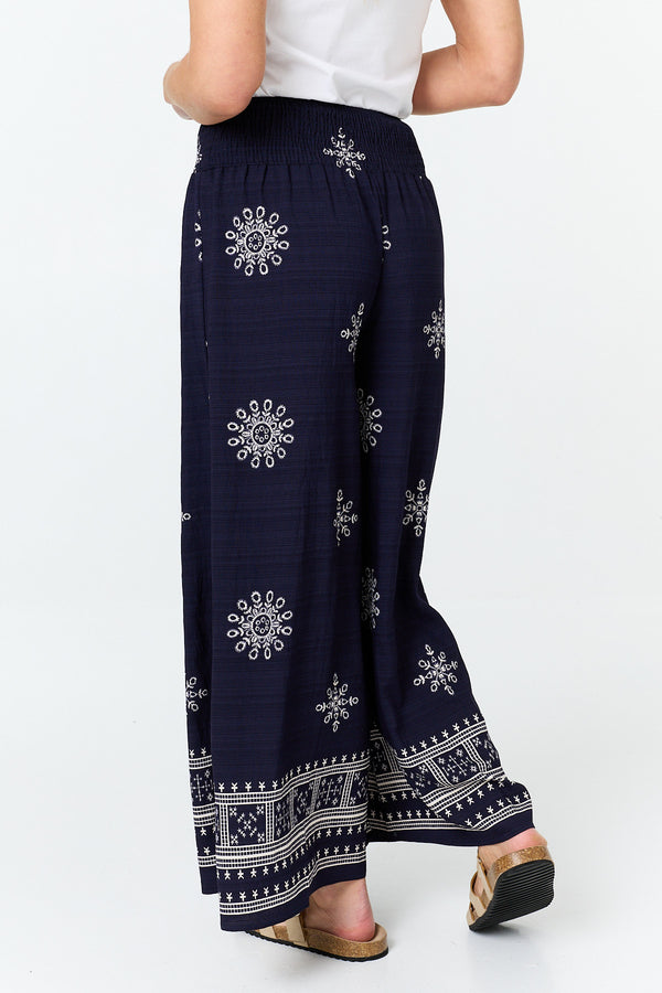 Navy | Border Print Shirred Waist Wide Trousers