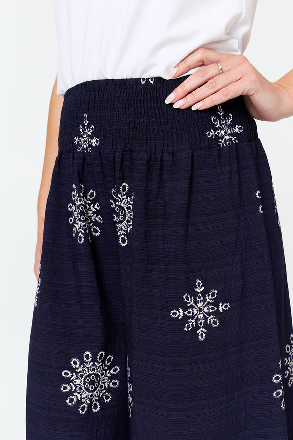 Navy | Border Print Shirred Waist Wide Trousers