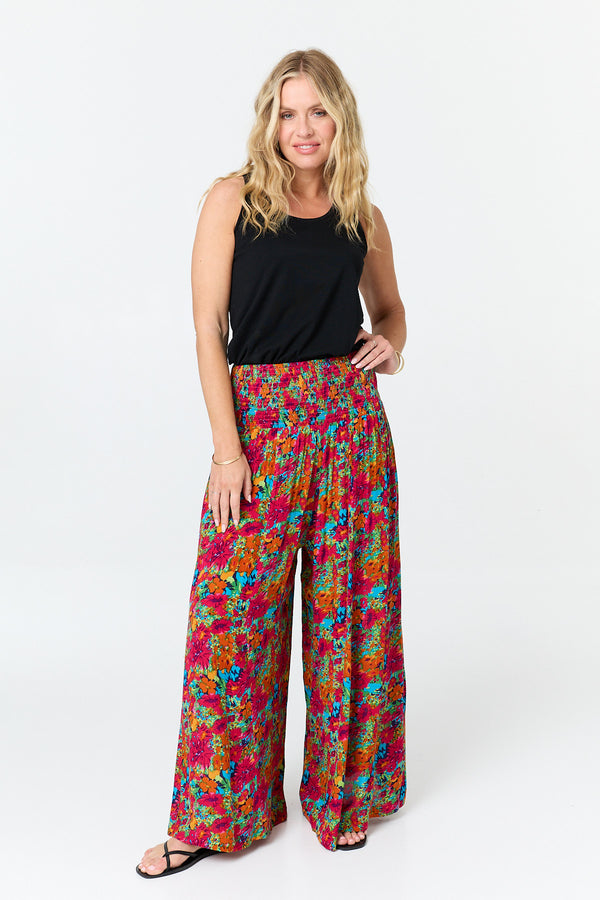 Red | Floral Wide Shirred High Waist Trousers