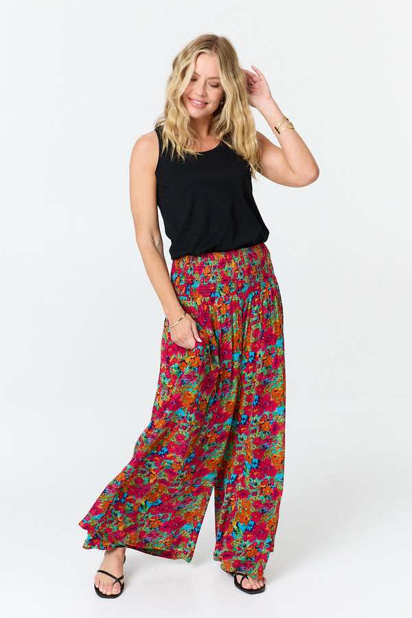 Red | Floral Wide Shirred High Waist Trousers