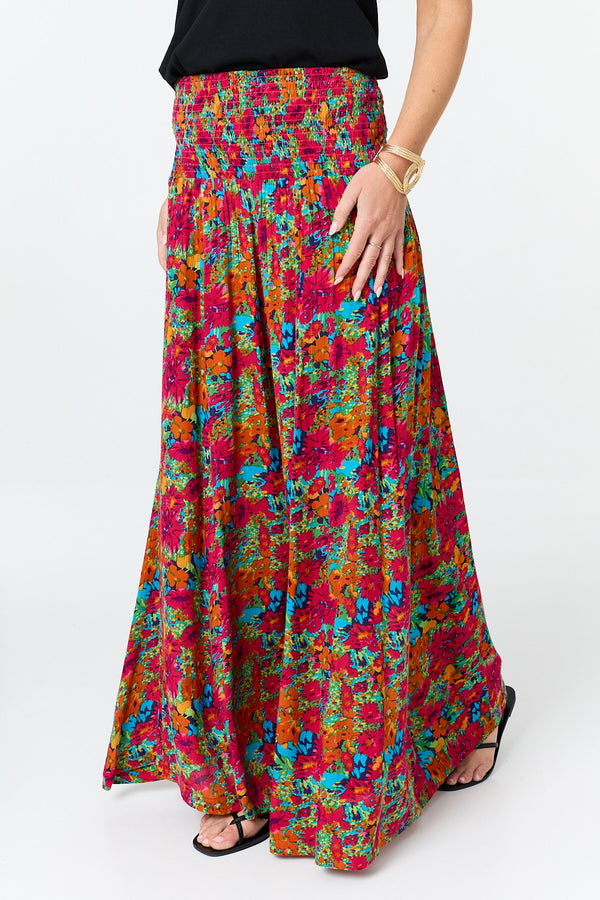 Red | Floral Wide Shirred High Waist Trousers