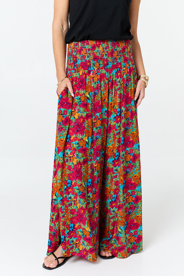 Red | Floral Wide Shirred High Waist Trousers