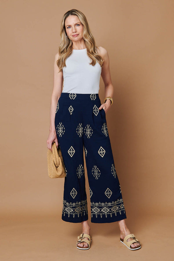 Navy | Border Printed High Waist Wide Trousers