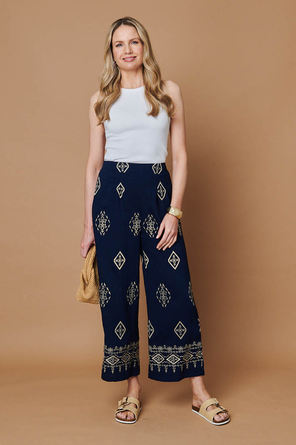 Navy | Border Printed High Waist Wide Trousers
