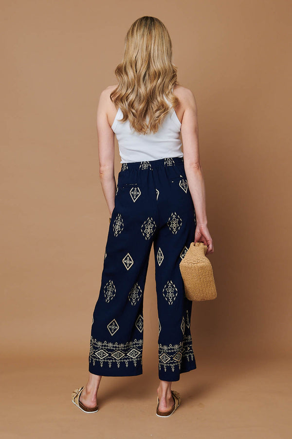Navy | Border Printed High Waist Wide Trousers