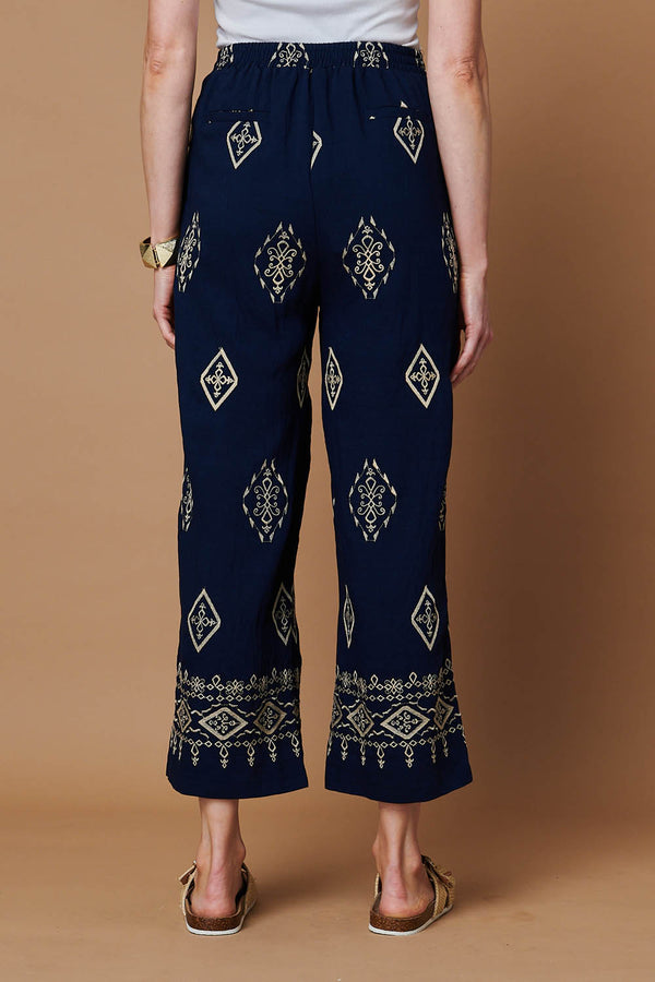 Navy | Border Printed High Waist Wide Trousers