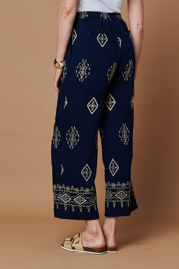 Navy | Border Printed High Waist Wide Trousers