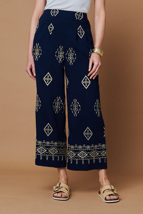 Navy | Border Printed High Waist Wide Trousers