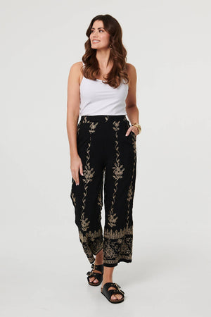 Black | Embroidered High Waist Wide Trousers