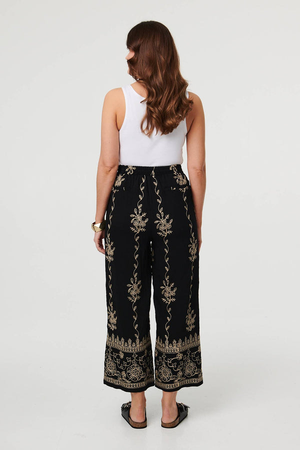 Black | Embroidered High Waist Wide Trousers