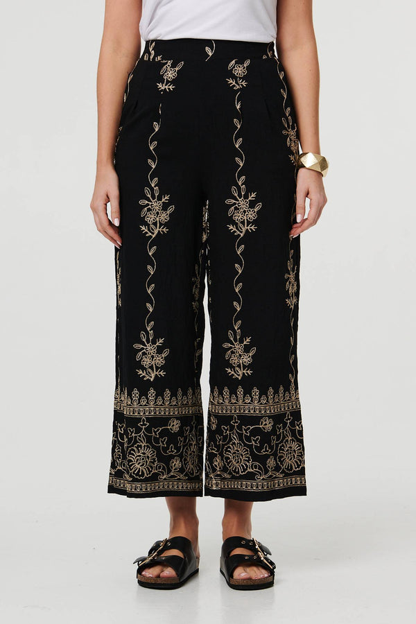 Black | Embroidered High Waist Wide Trousers