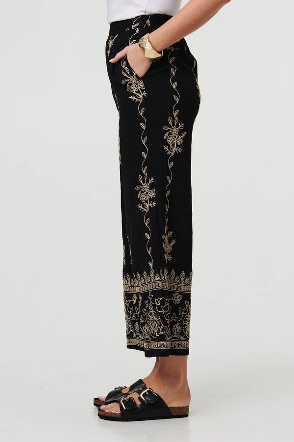Black | Embroidered High Waist Wide Trousers