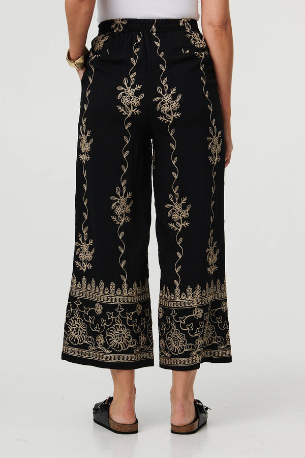 Black | Embroidered High Waist Wide Trousers