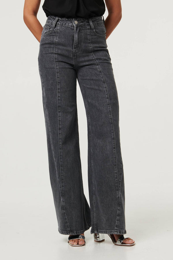 Black | High Waist Seam Front Wide Leg Jeans