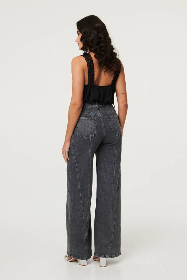 Black | High Waist Seam Front Wide Leg Jeans