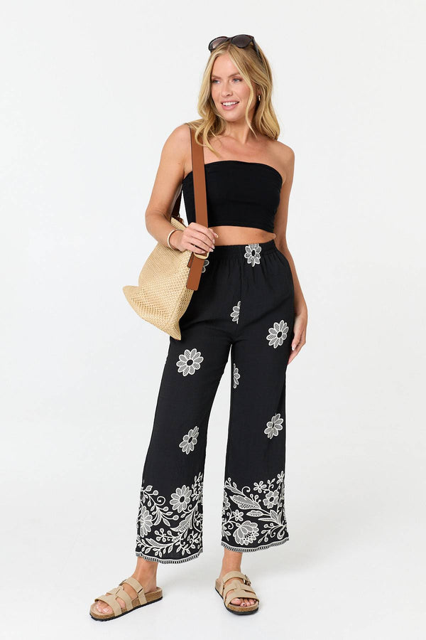 Black | Floral Border Print Wide Trousers