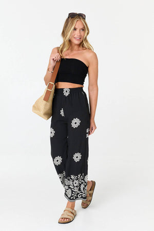 Black | Floral Border Print Wide Trousers