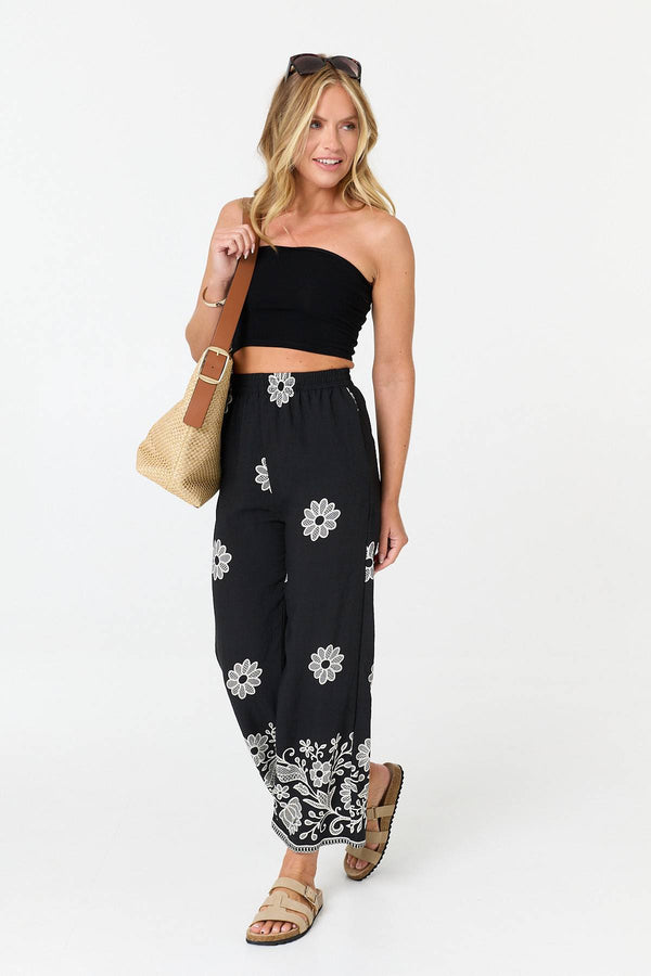 Black | Floral Border Print Wide Trousers