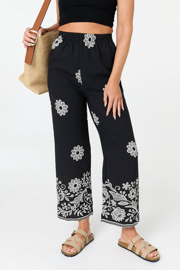 Black | Floral Border Print Wide Trousers