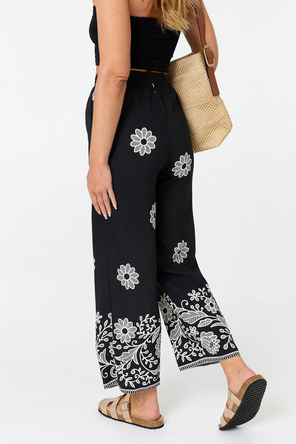 Black | Floral Border Print Wide Trousers