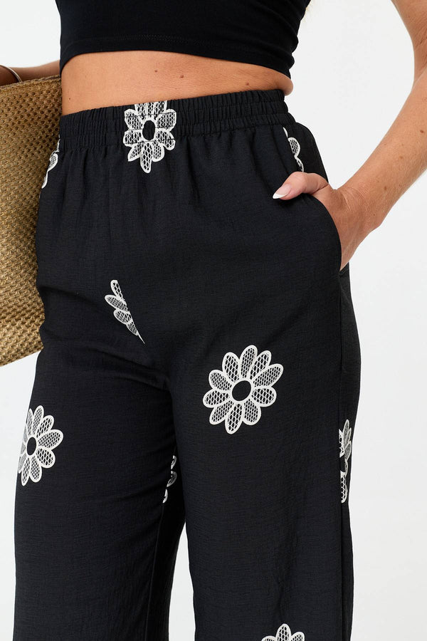 Black | Floral Border Print Wide Trousers